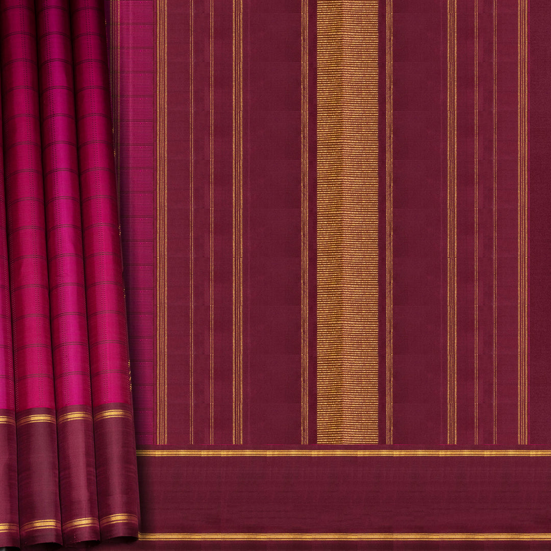 Magenta Kanjivaram silk saree with checks, maroon gold zari rettapet border and striped pallu with matching blouse