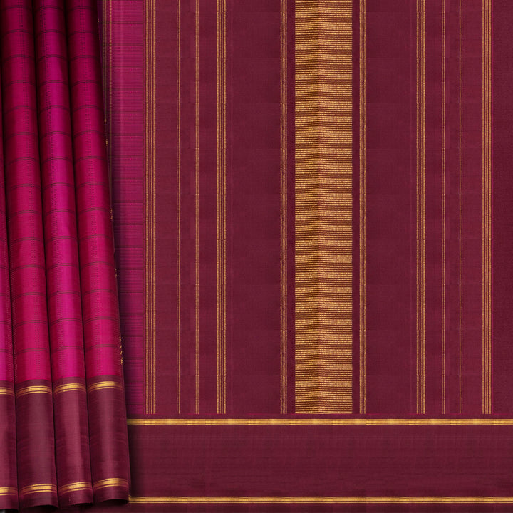 Magenta Kanjivaram silk saree with checks, maroon gold zari rettapet border and striped pallu with matching blouse