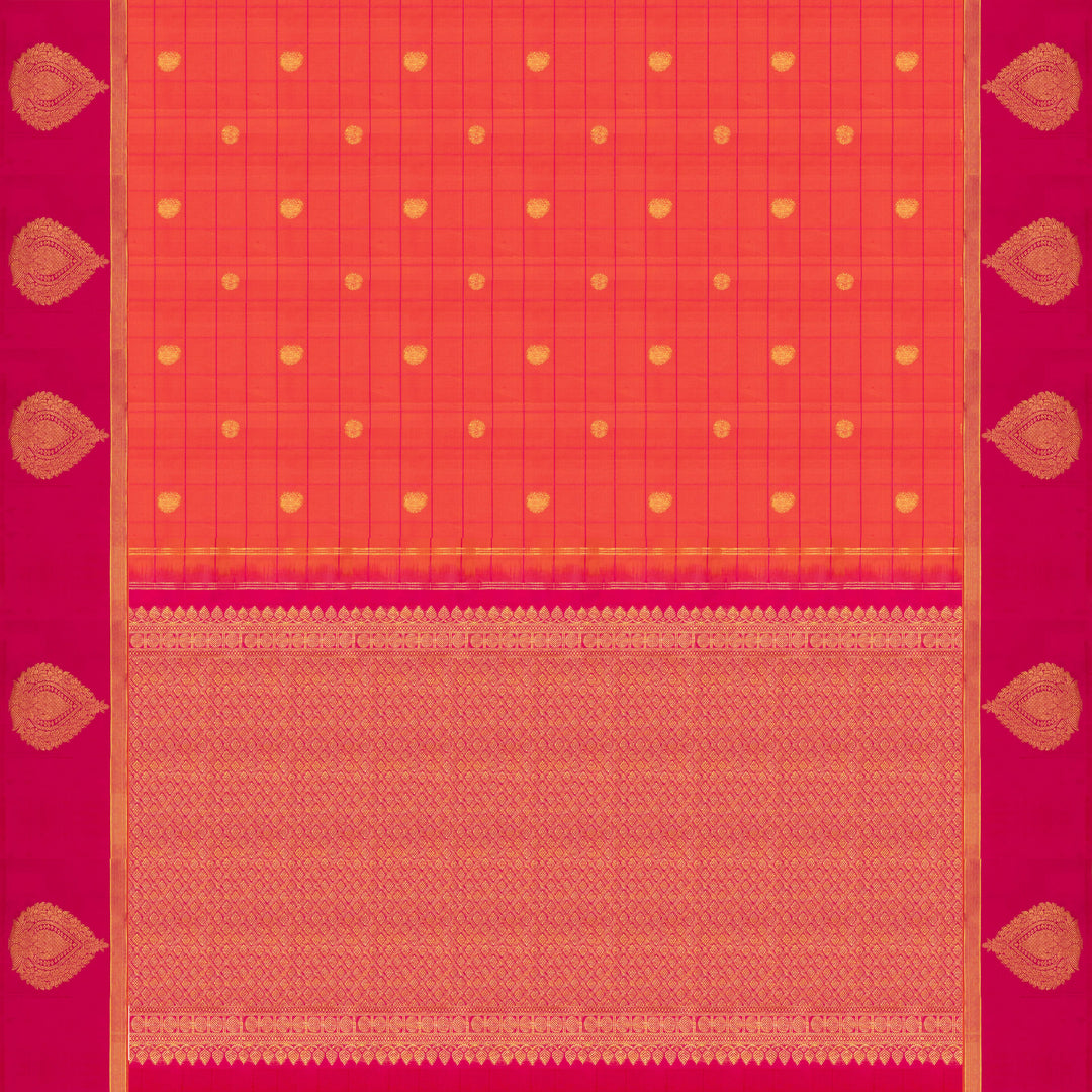 Orange Kanjivaram silk saree with checks, chakram and mango butta, magenta leaf border and vaira mookuthi pallu with matching blouse