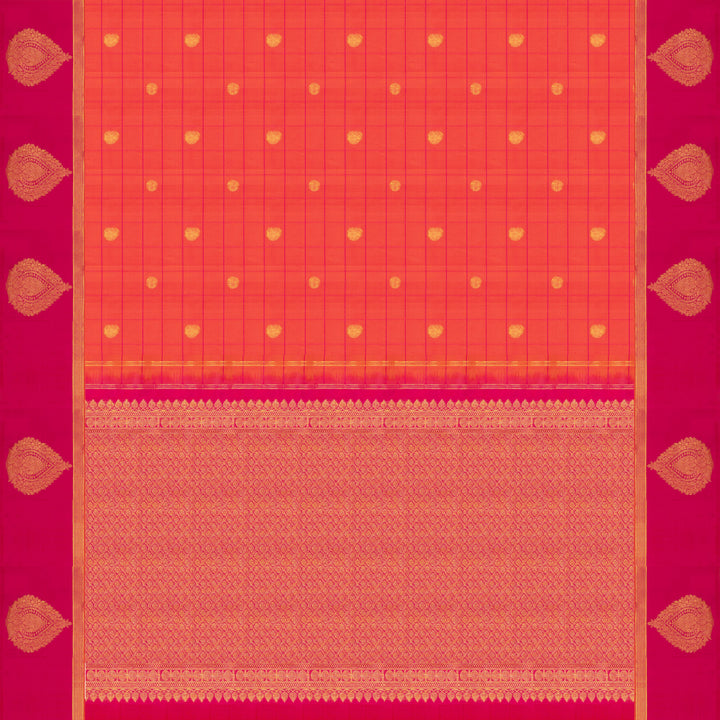 Orange Kanjivaram silk saree with checks, chakram and mango butta, magenta leaf border and vaira mookuthi pallu with matching blouse