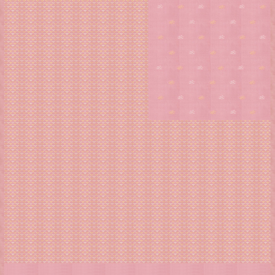 Light pink Kanjivaram silk saree with brocade body, gold and silver zari butta and triangle pallu with matching blouse