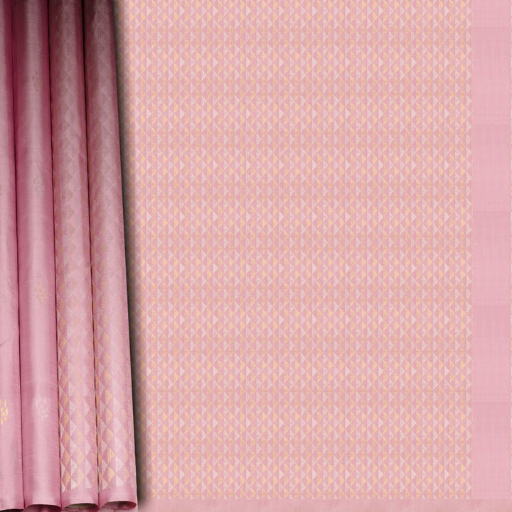 Light pink Kanjivaram silk saree with brocade body, gold and silver zari butta and triangle pallu with matching blouse