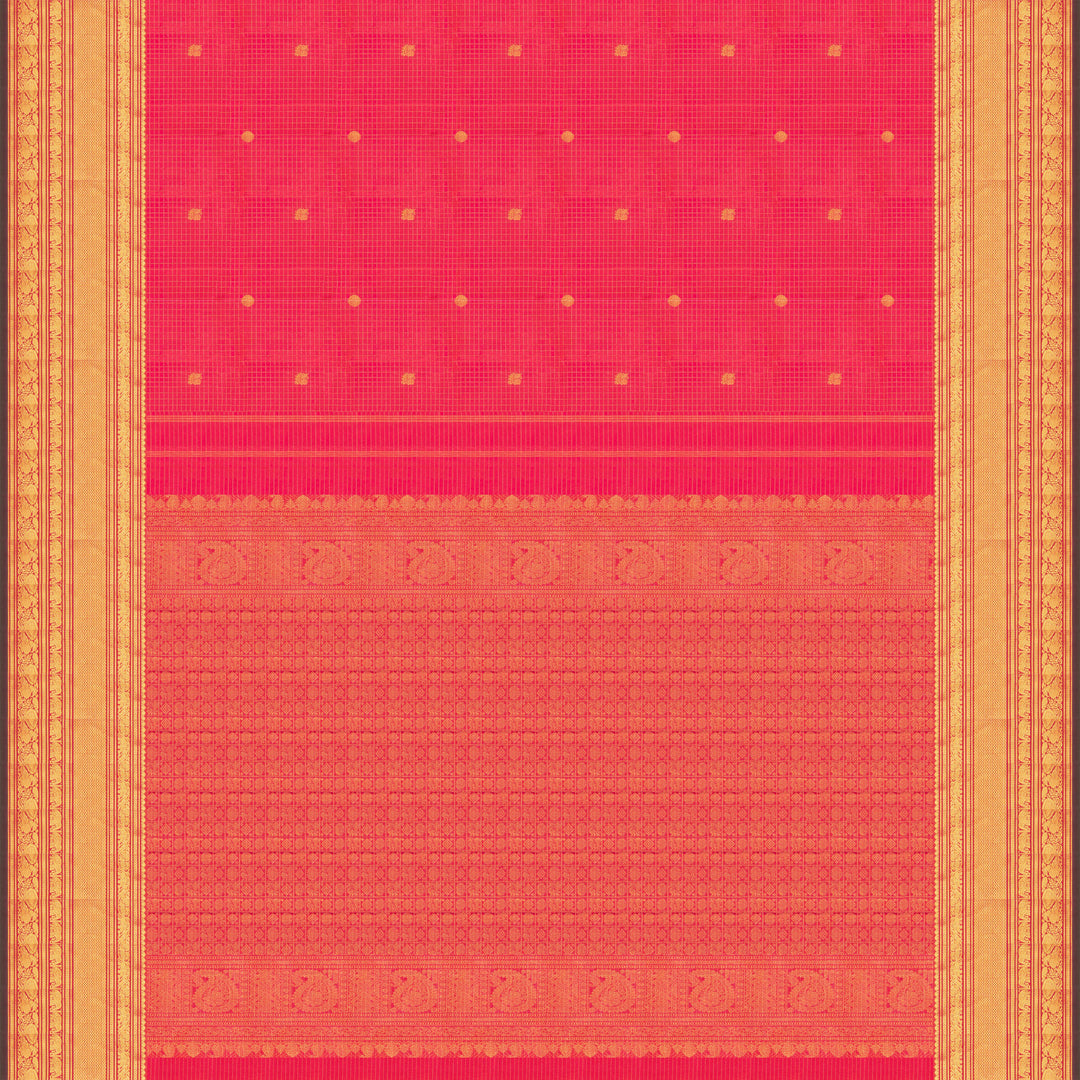 Reddish pink Kanjivaram silk saree with vairoosi checks, annam and rudraksham butta, green korvai border and rich traditional pallu with matching blouse