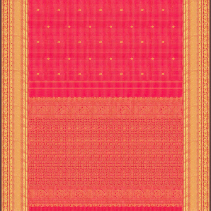 Reddish pink Kanjivaram silk saree with vairoosi checks, annam and rudraksham butta, green korvai border and rich traditional pallu with matching blouse