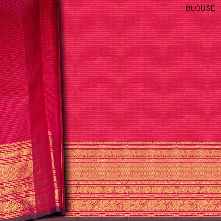 Reddish pink Kanjivaram silk saree with vairoosi checks, annam and rudraksham butta, green korvai border and rich traditional pallu with matching blouse
