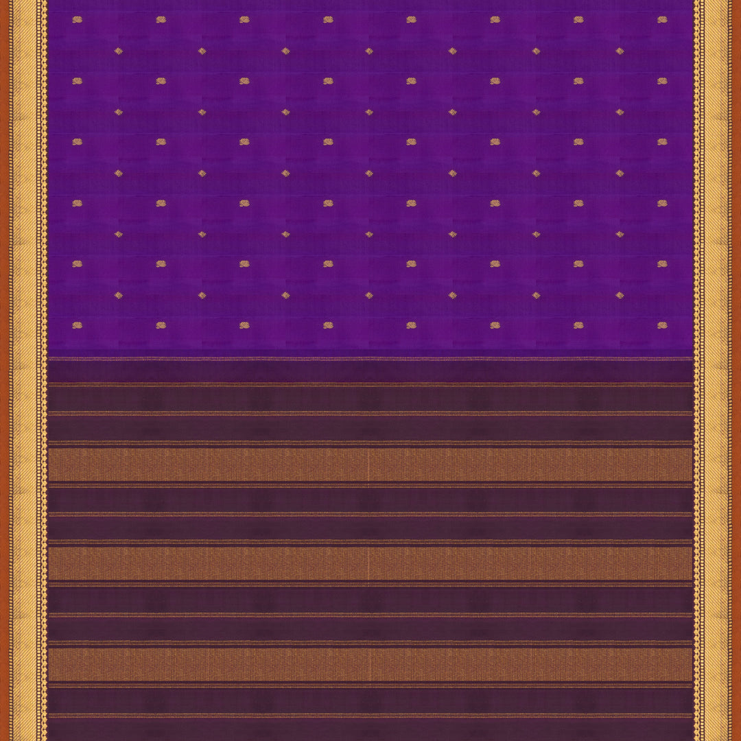 Violet Kanjivaram silk saree with diamond and annam butta, orange chevron border and gold zari striped pallu with contrast blouse