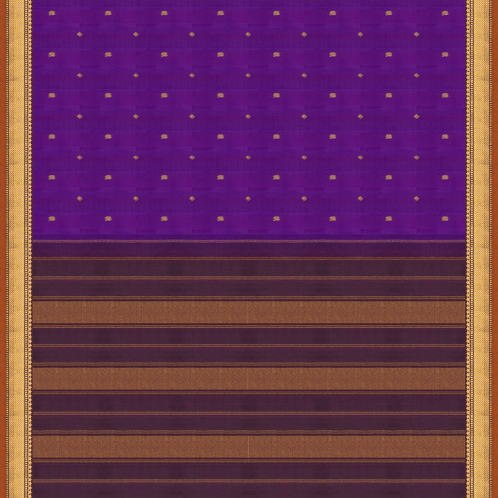 Violet Kanjivaram silk saree with diamond and annam butta, orange chevron border and gold zari striped pallu with contrast blouse