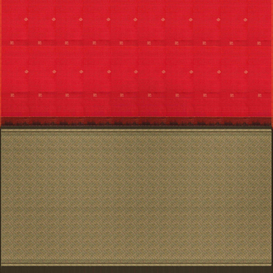 Orange Kanjivaram silk saree with pink-tone vairoosi checks, annam and vaira mookuthi butta, green pallu and matching blouse