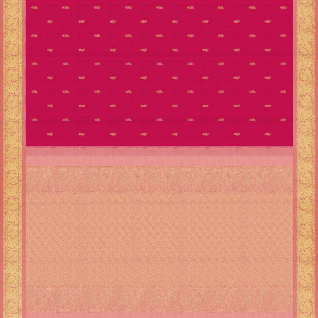 Pink Kanjivaram silk saree with gold zari mango butta, light pink pallu with peacock and elephant motifs, and matching blouse