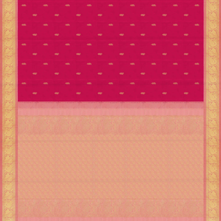 Pink Kanjivaram silk saree with gold zari mango butta, light pink pallu with peacock and elephant motifs, and matching blouse