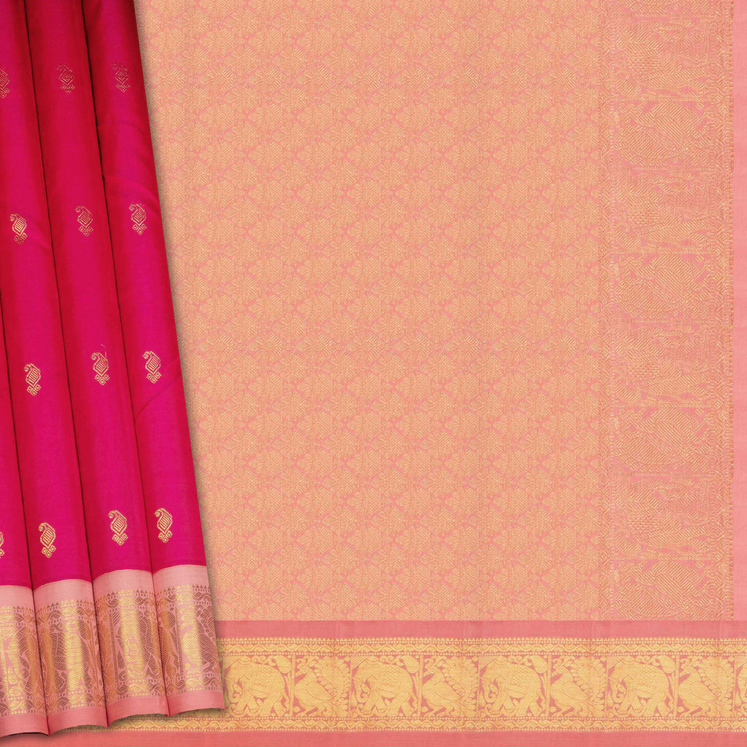 Pink Kanjivaram silk saree with gold zari mango butta, light pink pallu with peacock and elephant motifs, and matching blouse