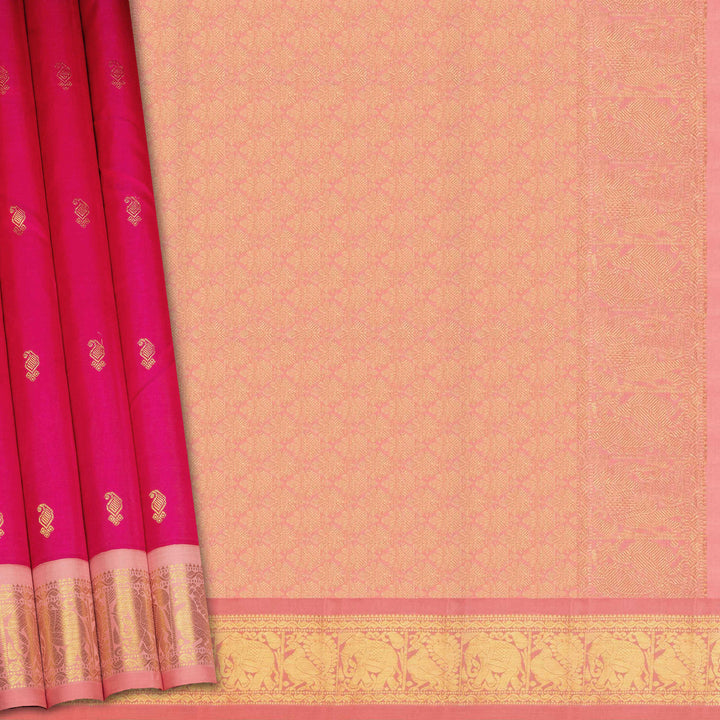 Pink Kanjivaram silk saree with gold zari mango butta, light pink pallu with peacock and elephant motifs, and matching blouse