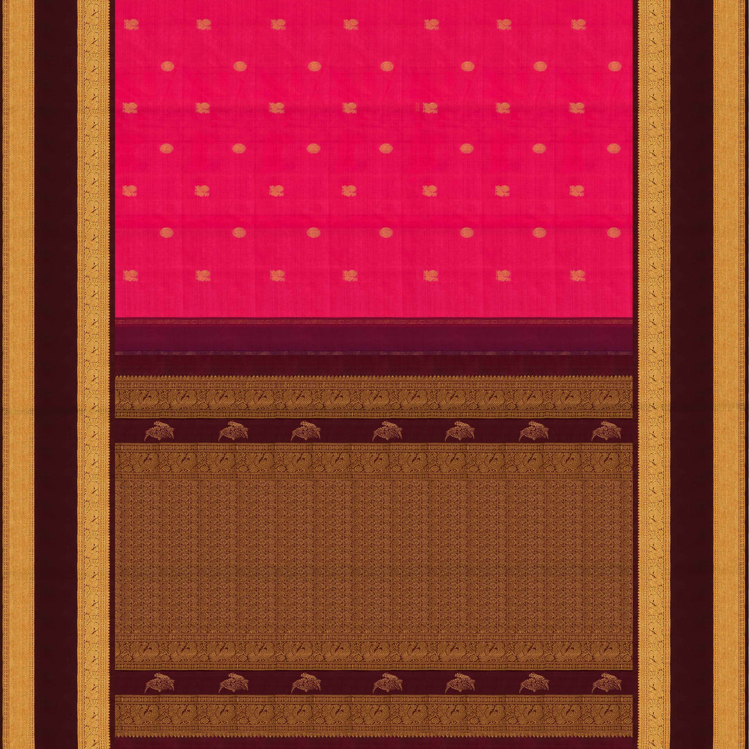 Pink Kanjivaram silk saree with annam and chakram butta, maroon rettapet border and rich traditional pallu with matching blouse