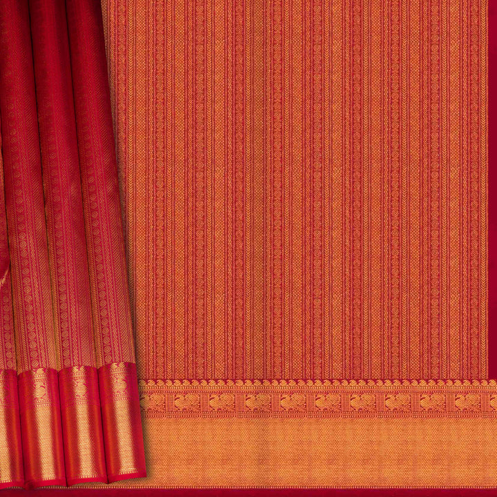 Red Kanjivaram silk saree with chevron, rudraksham, arrow lines, diamond band and annam mango border with matching blouse