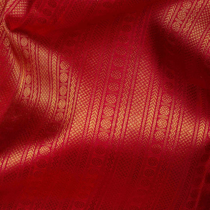 Red Kanjivaram silk saree with chevron, rudraksham, arrow lines, diamond band and annam mango border with matching blouse