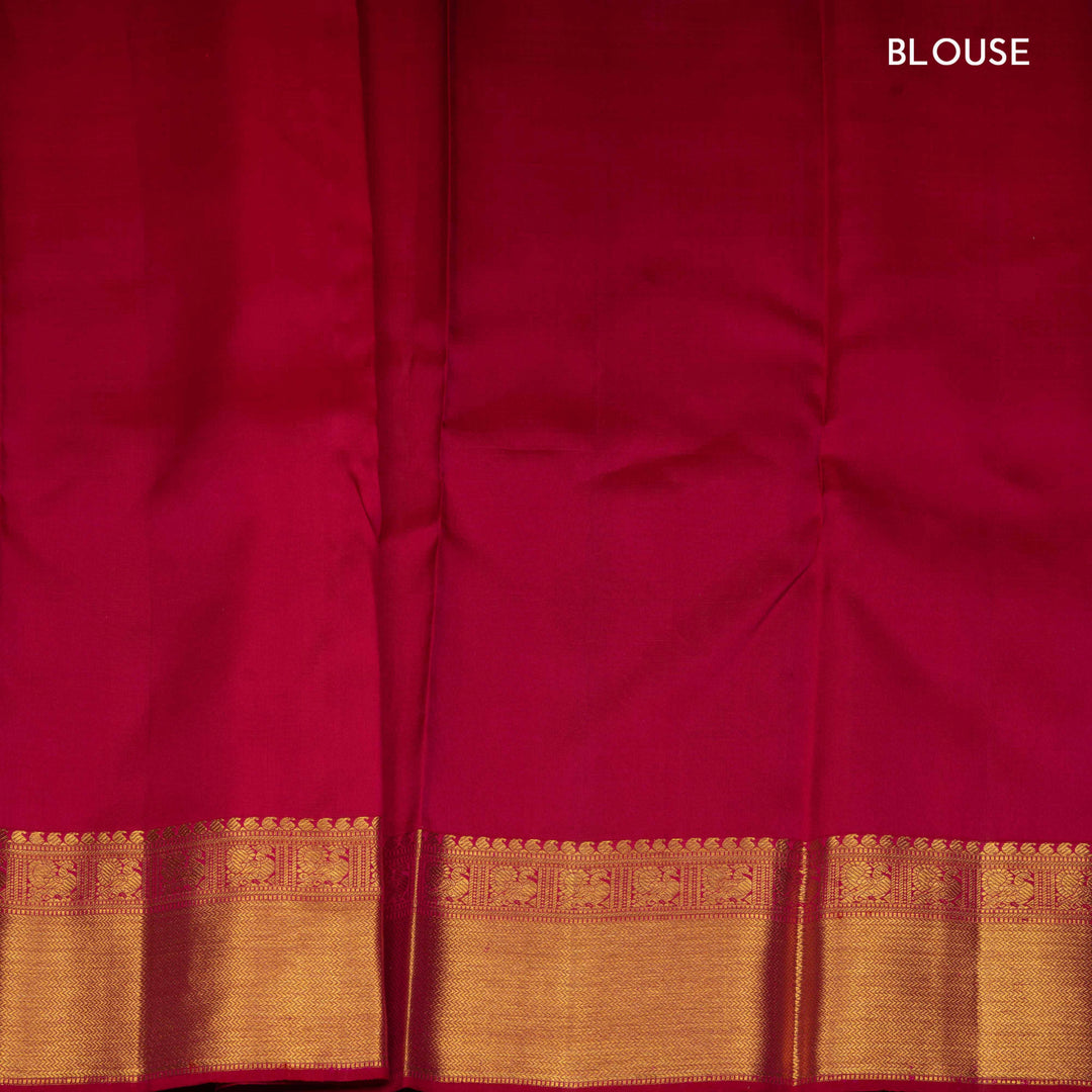 Red Kanjivaram silk saree with chevron, rudraksham, arrow lines, diamond band and annam mango border with matching blouse