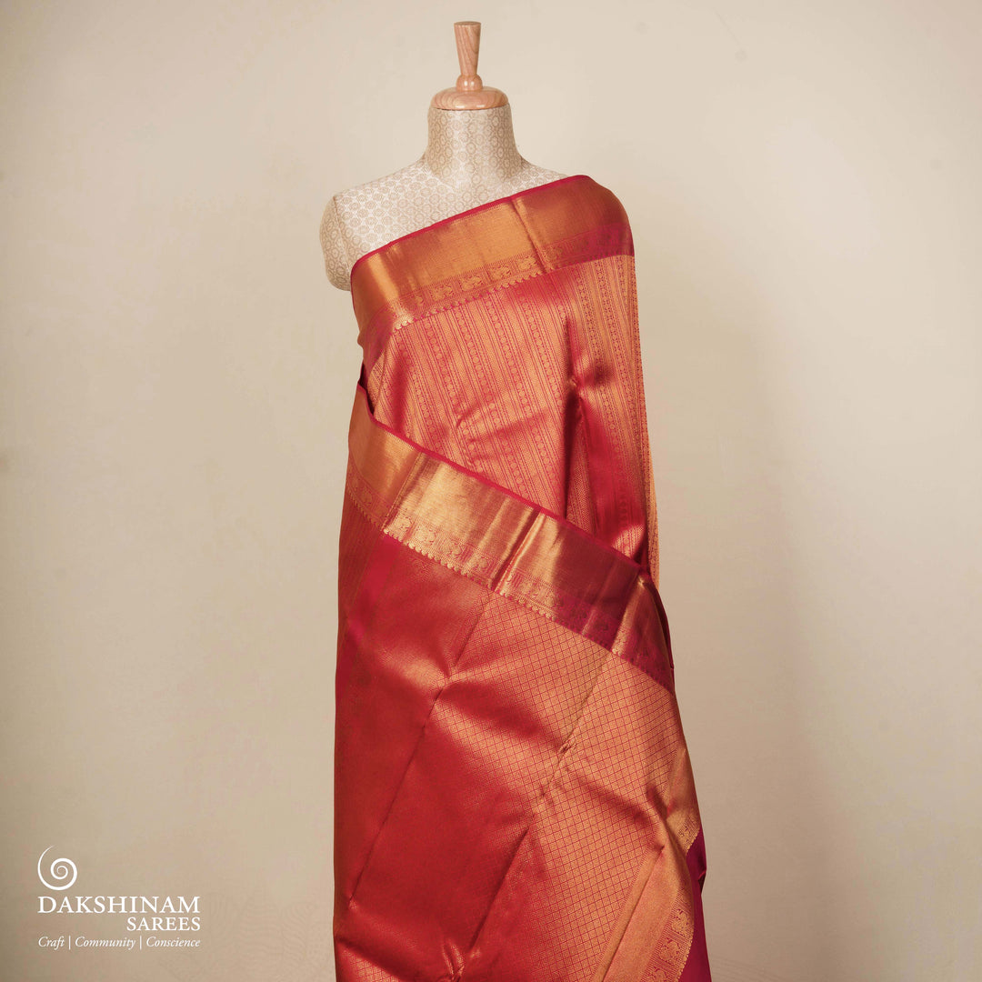 Red Kanjivaram silk saree with chevron, rudraksham, arrow lines, diamond band and annam mango border with matching blouse