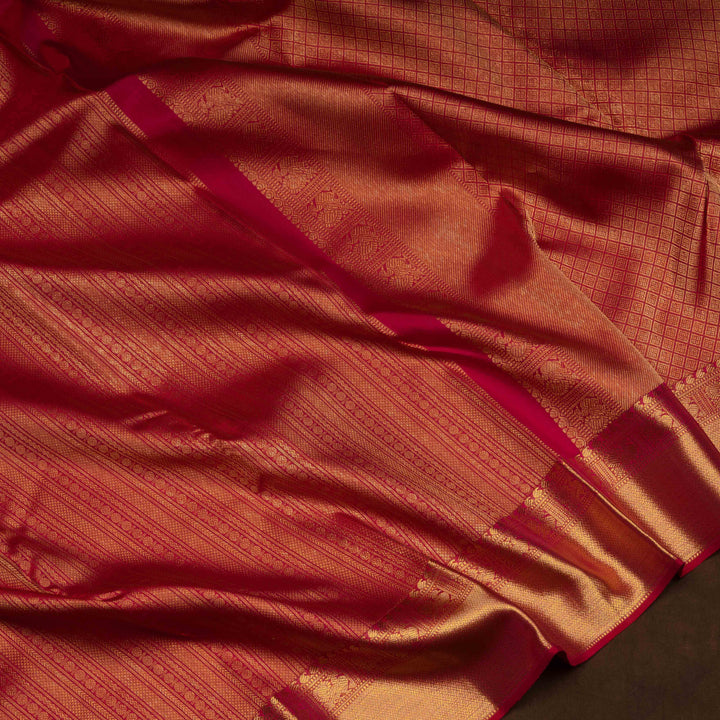 Red Kanjivaram silk saree with chevron, rudraksham, arrow lines, diamond band and annam mango border with matching blouse