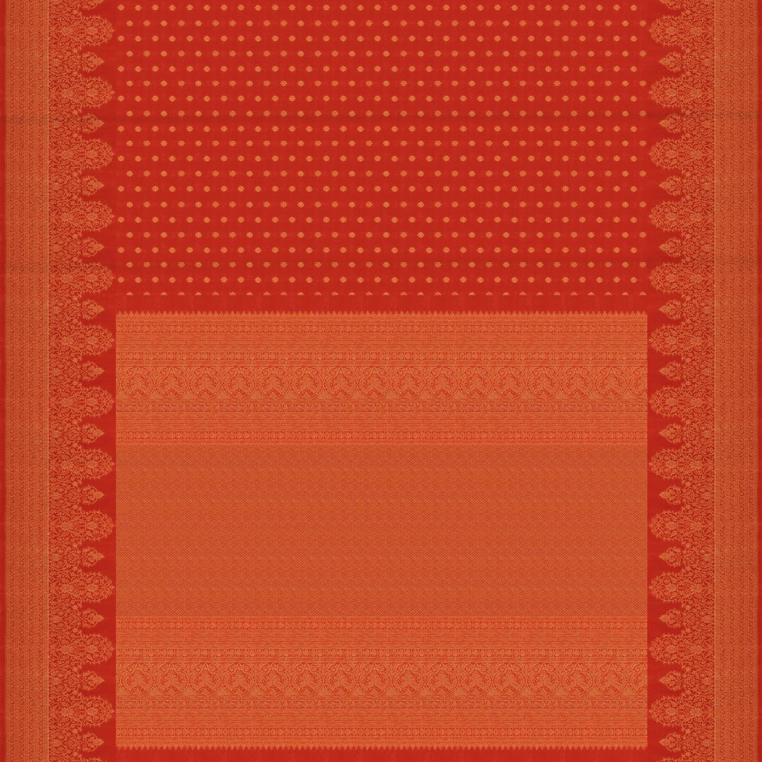 Orange Kanjivaram silk saree with allover diamond butta, turning border and rich pallu with rudraksham, chevron lines and retta killi motifs
