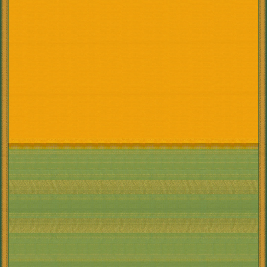 Yellow Kanjivaram silk saree with plain body, aqua blue dual-tone getti border and blue green paneled pallu with matching blouse