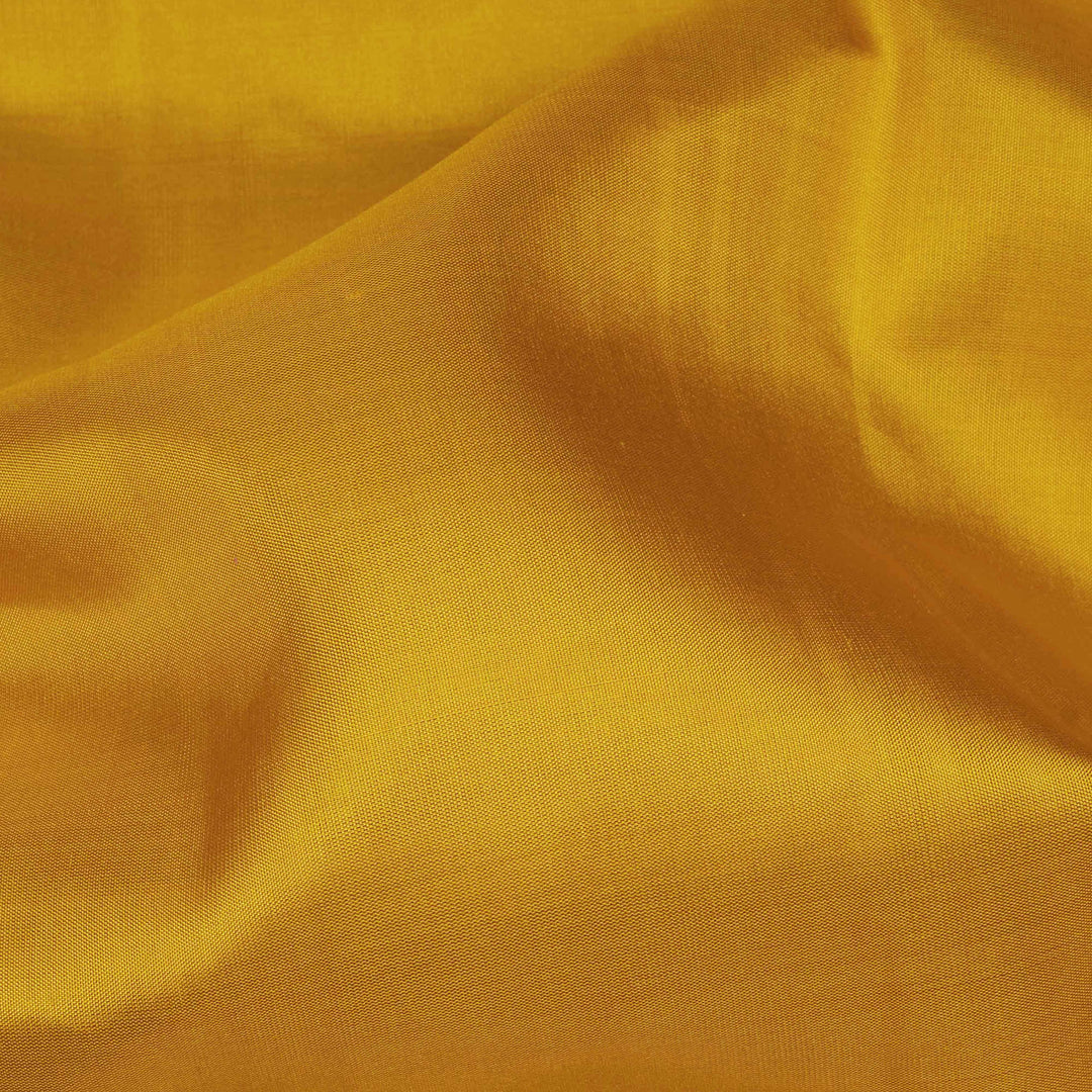 Yellow Kanjivaram silk saree with plain body, aqua blue dual-tone getti border and blue green paneled pallu with matching blouse