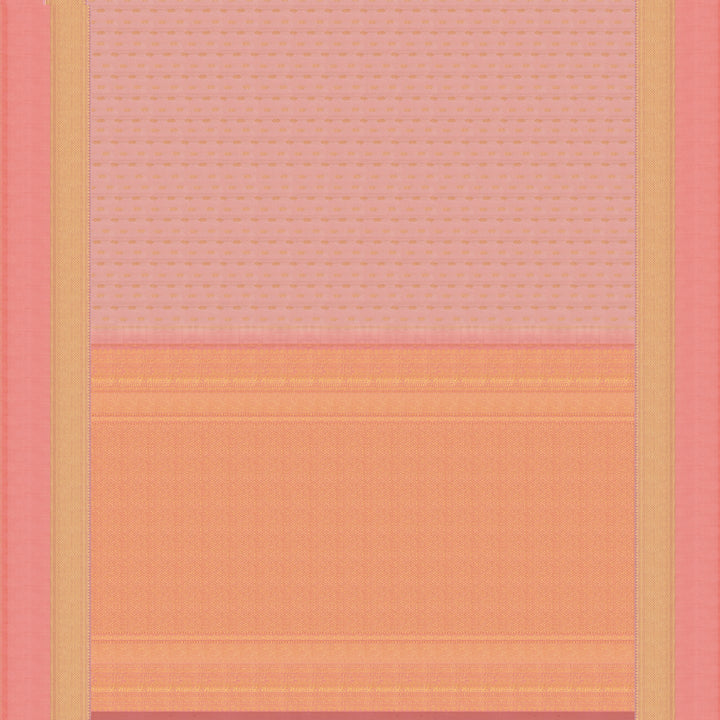 Light peach Kanjivaram silk saree with vairam buttas, peach pink border featuring temple and chevron designs, and detailed zari pallu, paired with plain blouse.