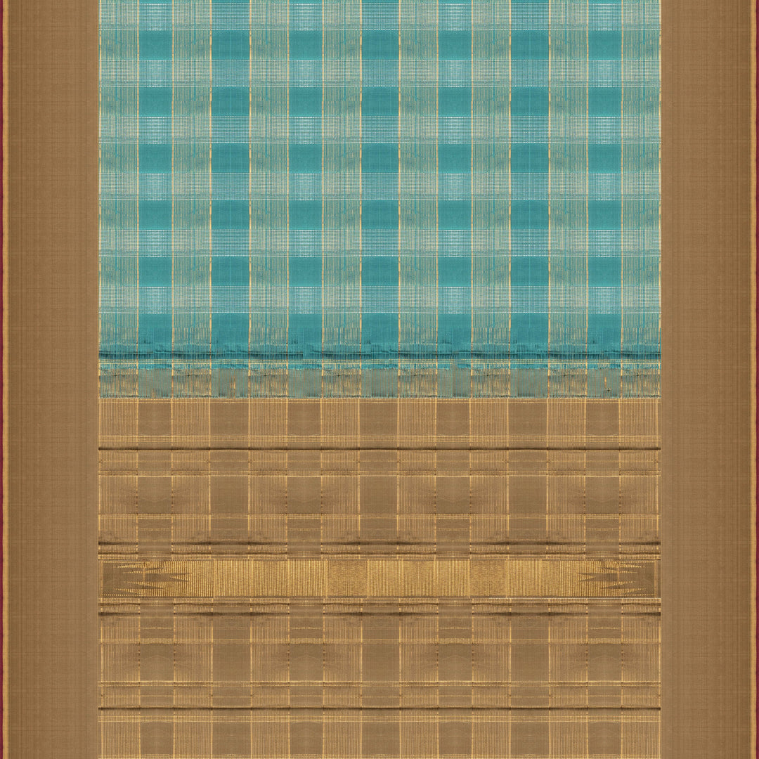 Aqua blue Kanjivaram silk saree with gold and silver zari checks, taupe brown temple border and matching blouse