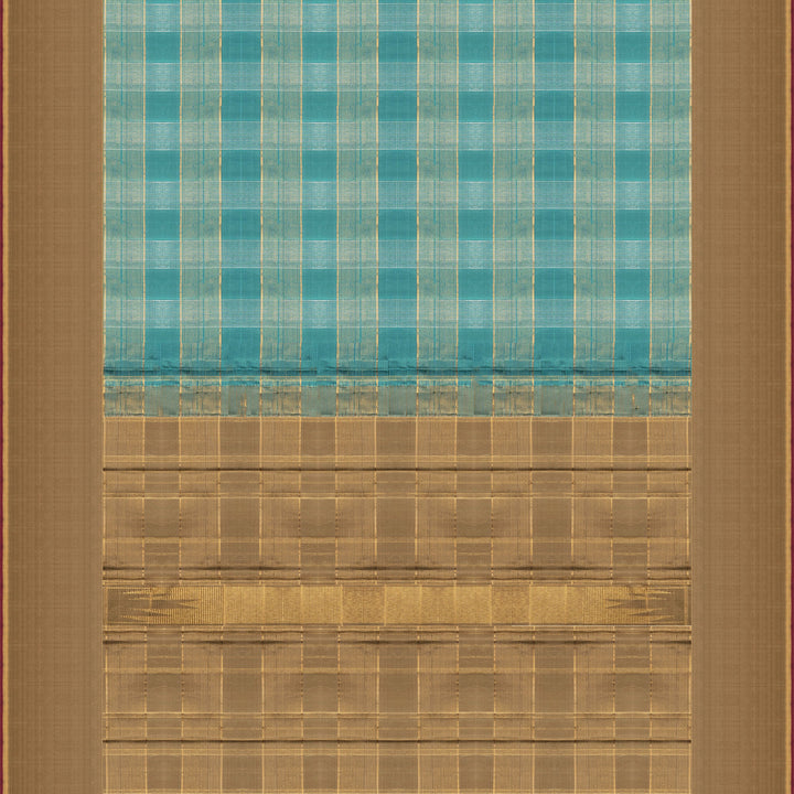 Aqua blue Kanjivaram silk saree with gold and silver zari checks, taupe brown temple border and matching blouse