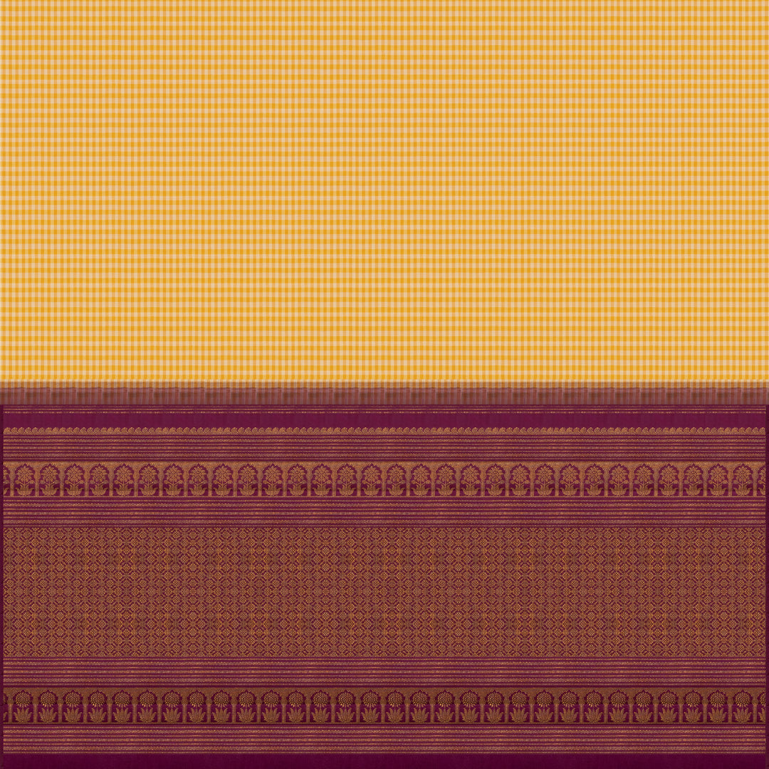 Beige and yellow small checked Kanjivaram silk saree with purple pallu featuring floral motifs, chevron and chakram designs, paired with dotted butta blouse.