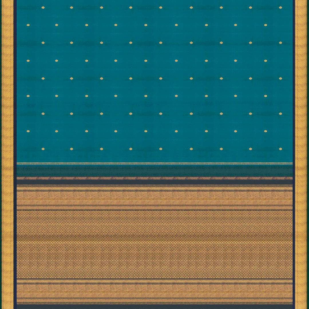 Peacock blue Kanjivaram silk saree with floral butta, dark blue zari border and diamond panel pallu with matching blouse