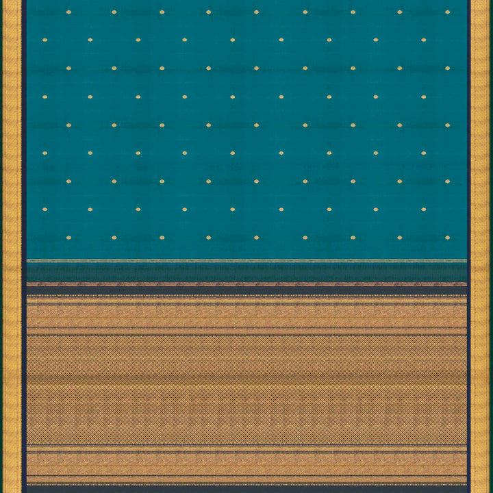 Peacock blue Kanjivaram silk saree with floral butta, dark blue zari border and diamond panel pallu with matching blouse