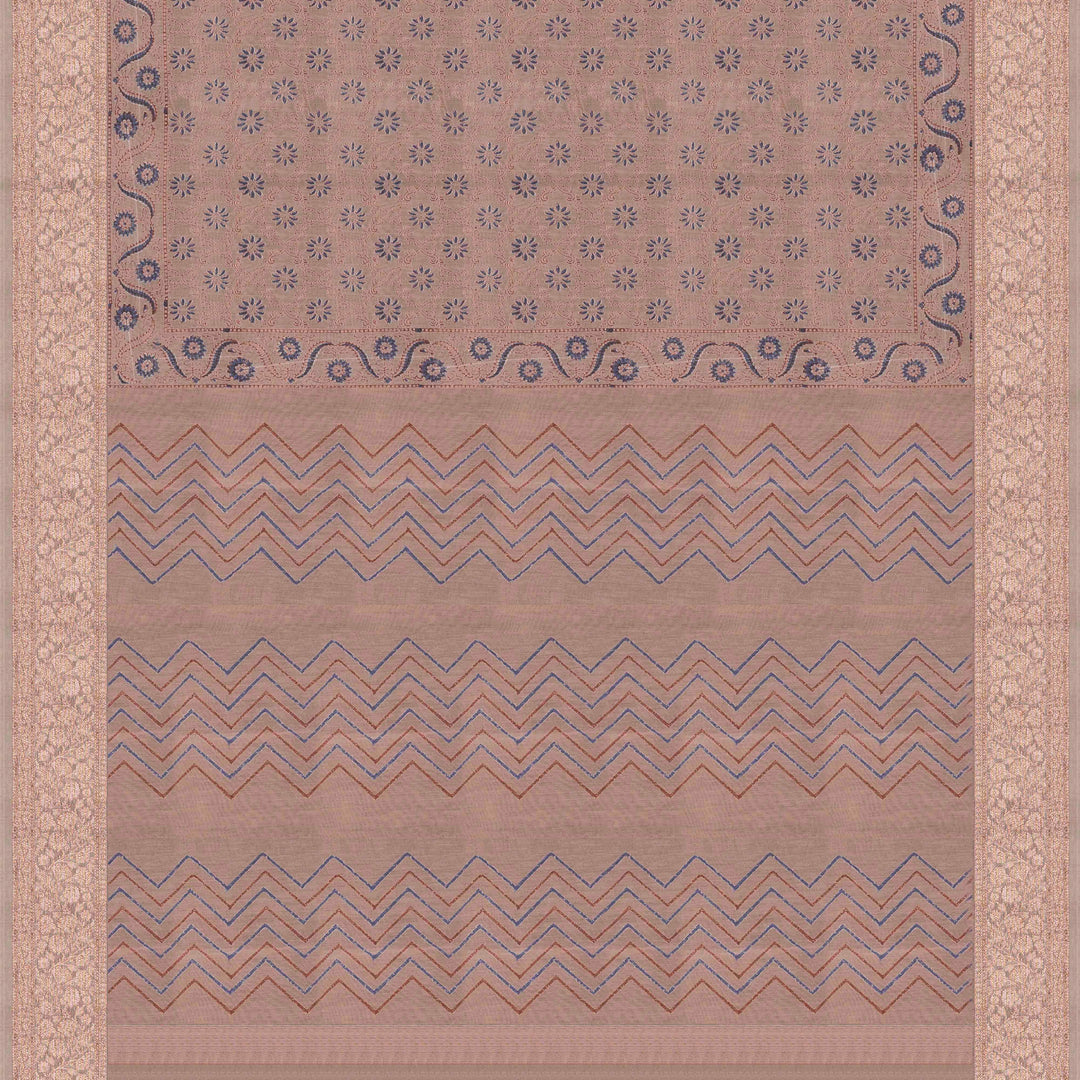 Grey Chanderi silk cotton saree with blue floral print, red diamond block print and copper zari border