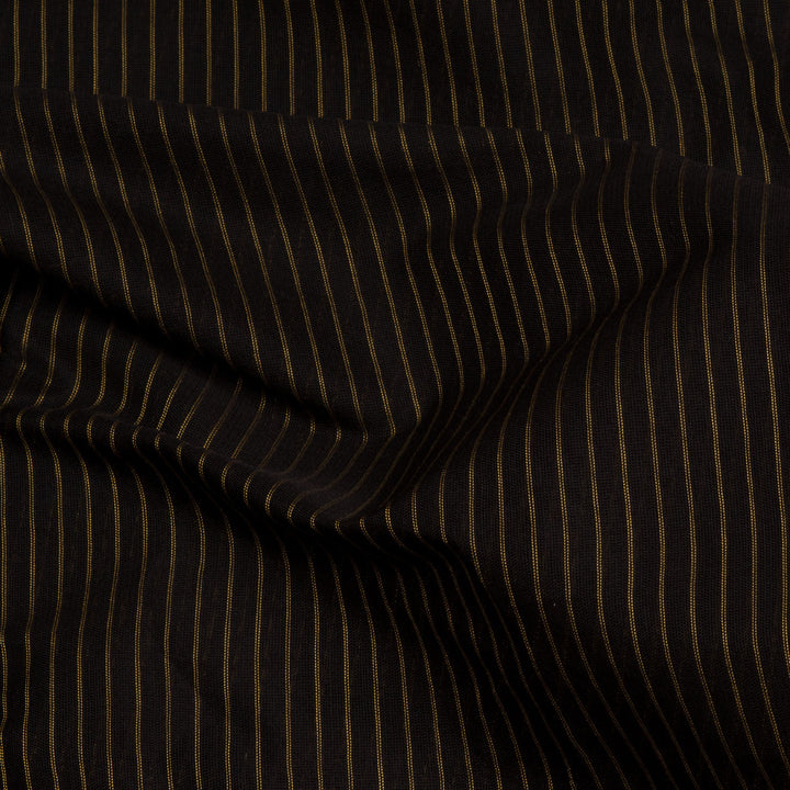 Brown Gadwal cotton saree with yellow stripes, pink Korvai temple border and mustard silk pallu