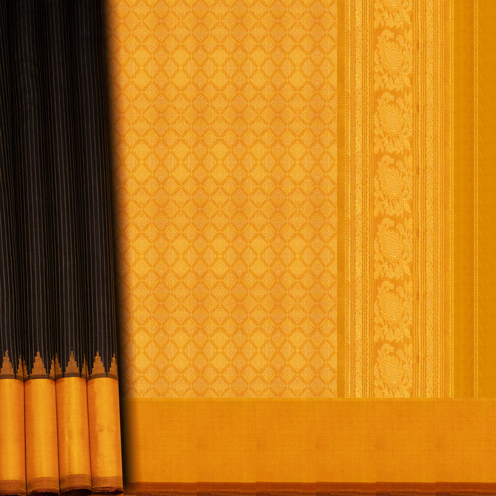 Brown Gadwal cotton saree with yellow stripes, pink Korvai temple border and mustard silk pallu