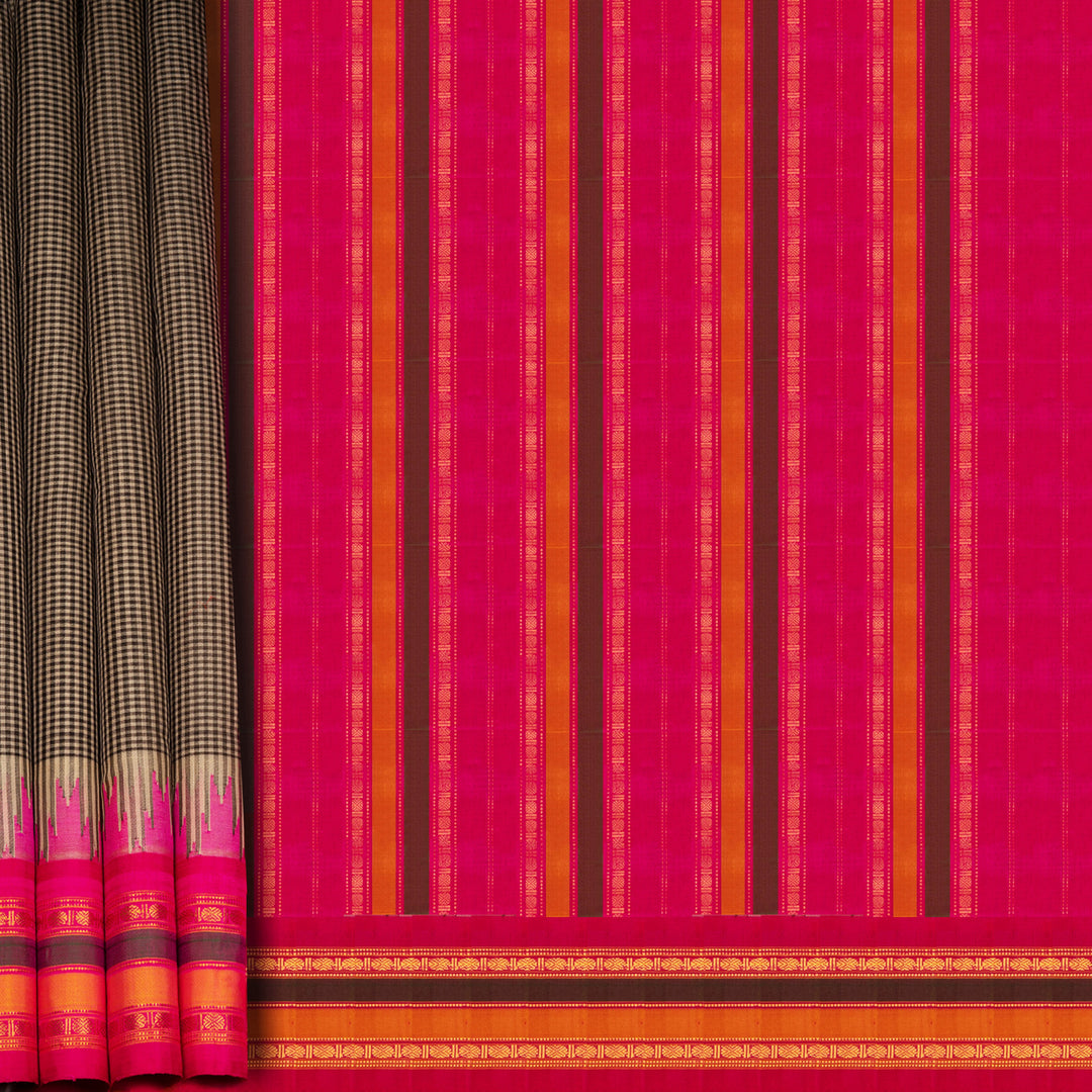 Black and white Gadwal cotton saree with multicolor Korvai border and pink silk pallu