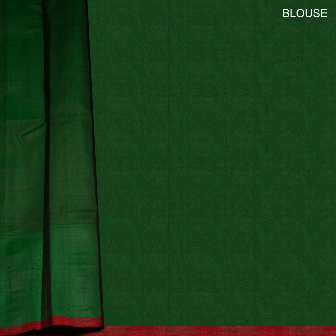 Yellow and pink checked Gadwal cotton saree with green Korvai temple border and striped pallu