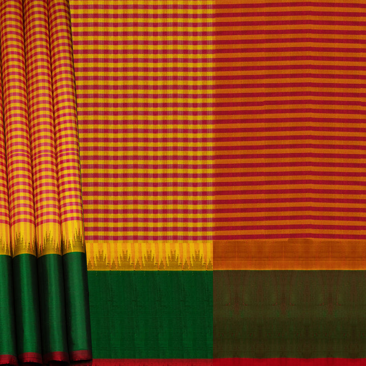 Yellow and pink checked Gadwal cotton saree with green Korvai temple border and striped pallu