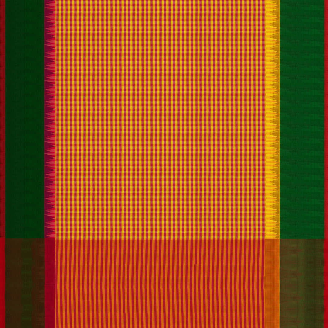 Yellow and pink checked Gadwal cotton saree with green Korvai temple border and striped pallu