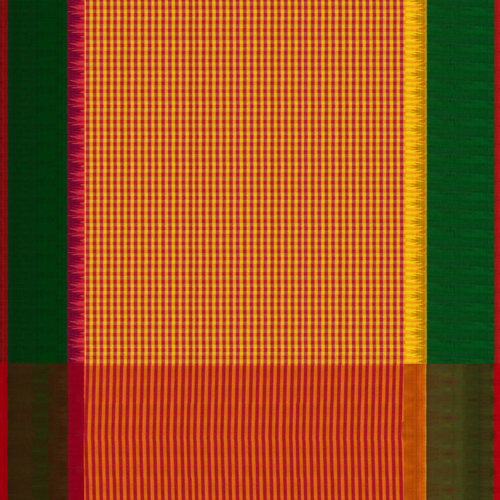 Yellow and pink checked Gadwal cotton saree with green Korvai temple border and striped pallu