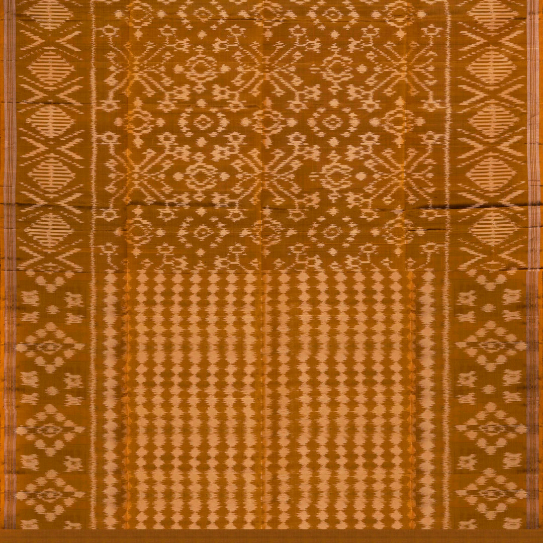 Mustard handwoven Ikat soft silk saree with white Ikat motifs and matching border