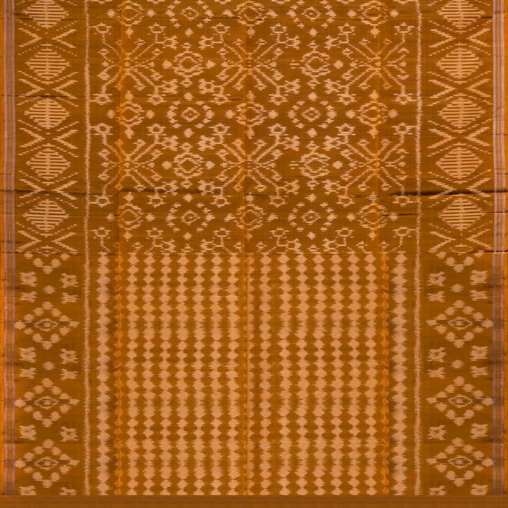 Mustard handwoven Ikat soft silk saree with white Ikat motifs and matching border