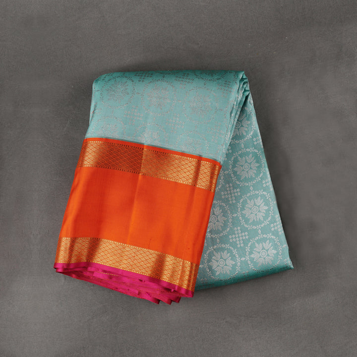 Handwoven Blue with Orange Kanjivaram Silk Saree - 1834T008272DSC