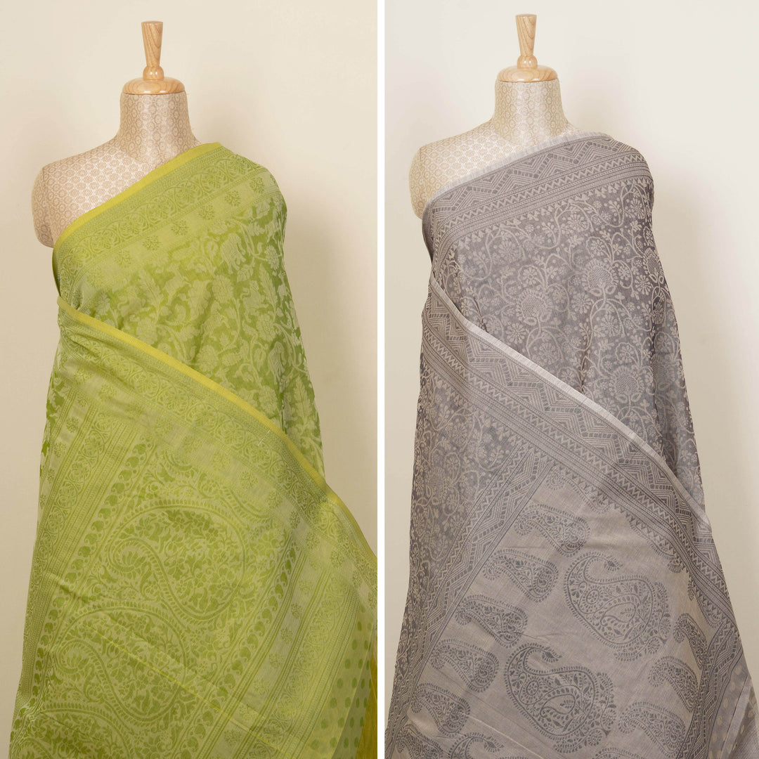Curated Pair – Handwoven Lime Green and Beige South Cotton Saree