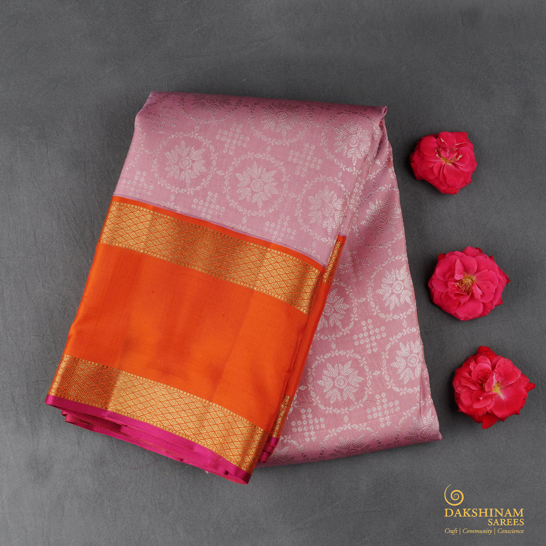 Handwoven Pink with Orange Kanjivaram Silk Saree - 1857T008334DSC
