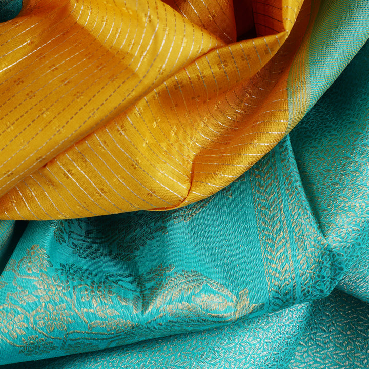 Handwoven Yellow with Blue Kanjivaram Silk Saree - 1858T006073DSC