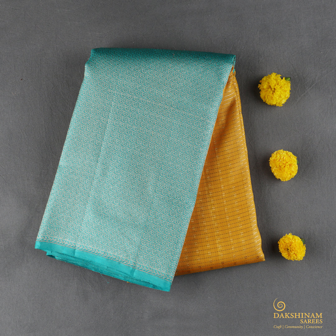 Handwoven Yellow with Blue Kanjivaram Silk Saree - 1858T006073DSC