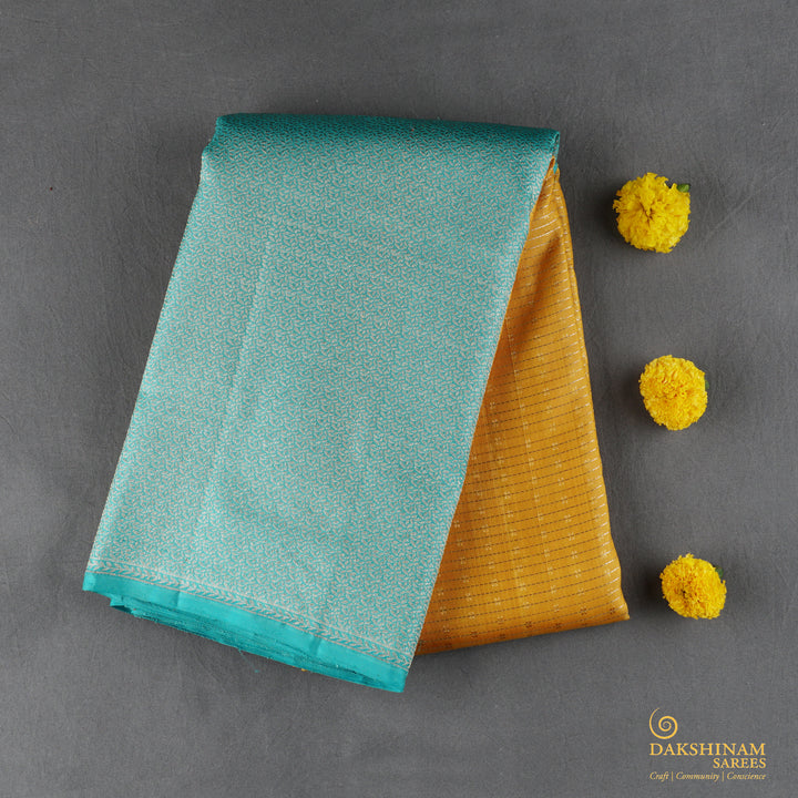 Handwoven Yellow with Blue Kanjivaram Silk Saree - 1858T006073DSC