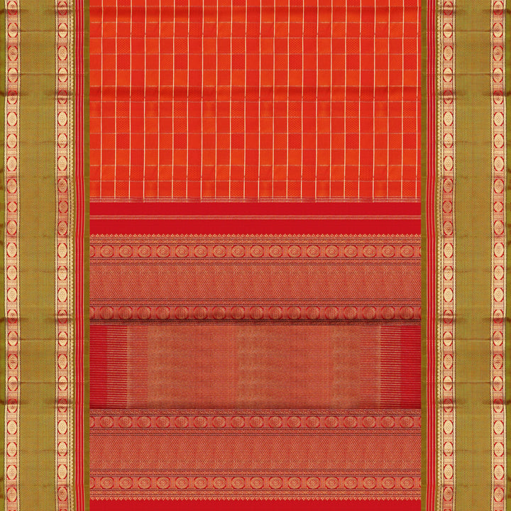 Handwoven Orange with Green Kanjivaram Silk Saree - 1882T006356DSC