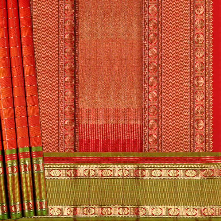 Handwoven Orange with Green Kanjivaram Silk Saree - 1882T006356DSC