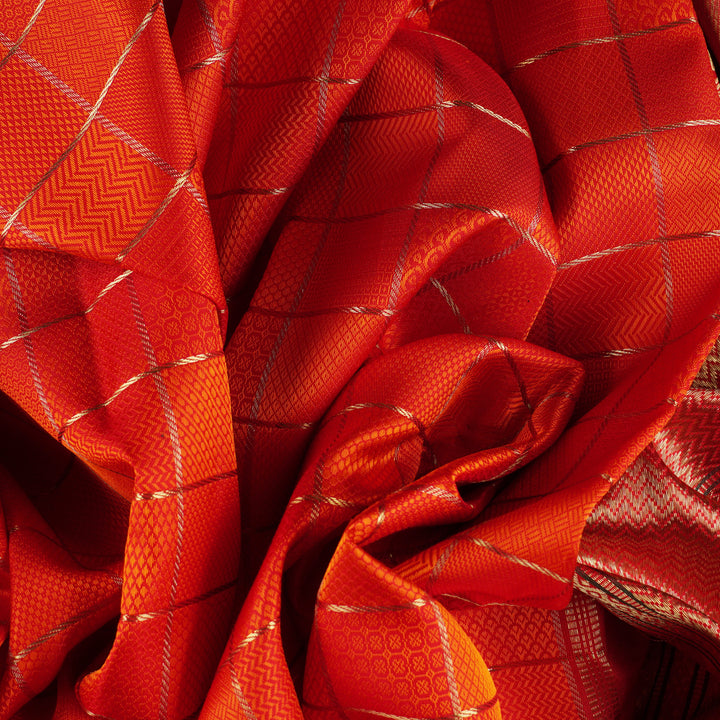 Handwoven Orange with Green Kanjivaram Silk Saree - 1882T006356DSC